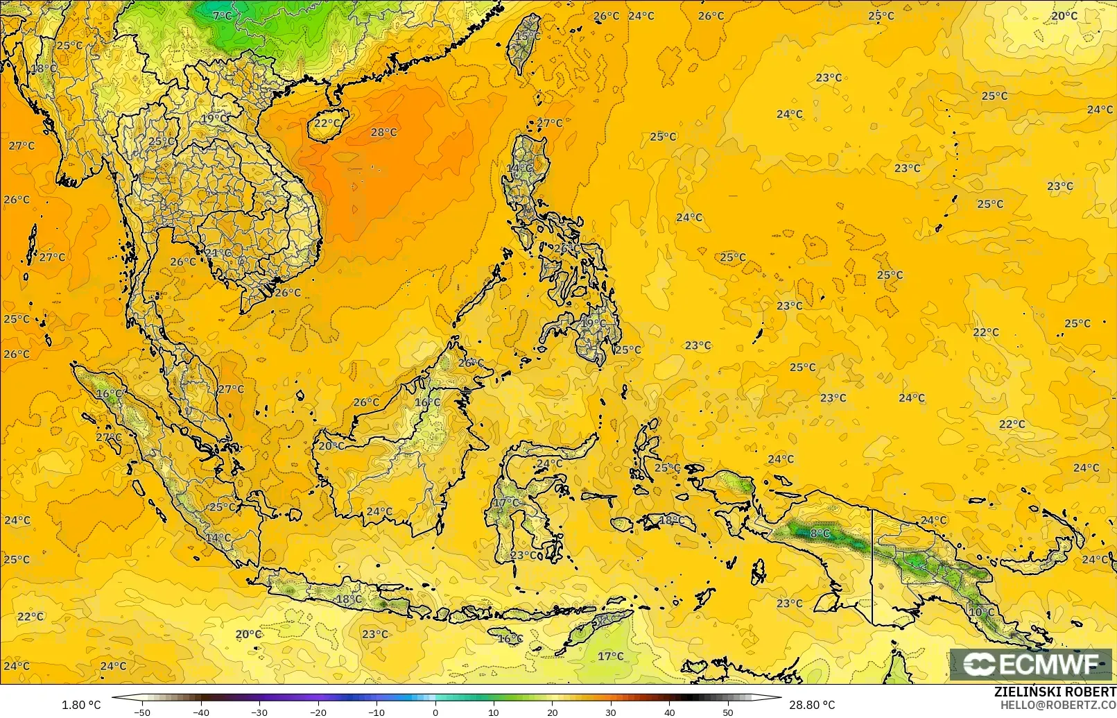 ECMWF IFS 0.25° modelo - South East Asia, Dewpoint at 2m