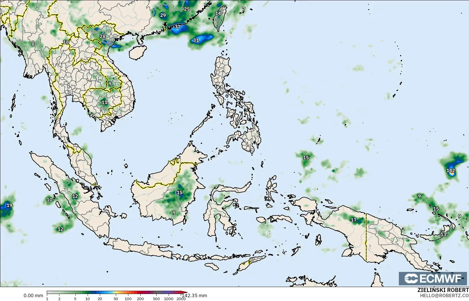 ECMWF IFS 0.25° modelo - South East Asia, Precipitation Accumulation