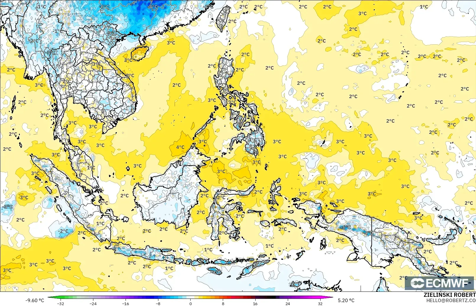 ECMWF IFS 0.25° modelo - South East Asia, Temperature at 2m Anomaly