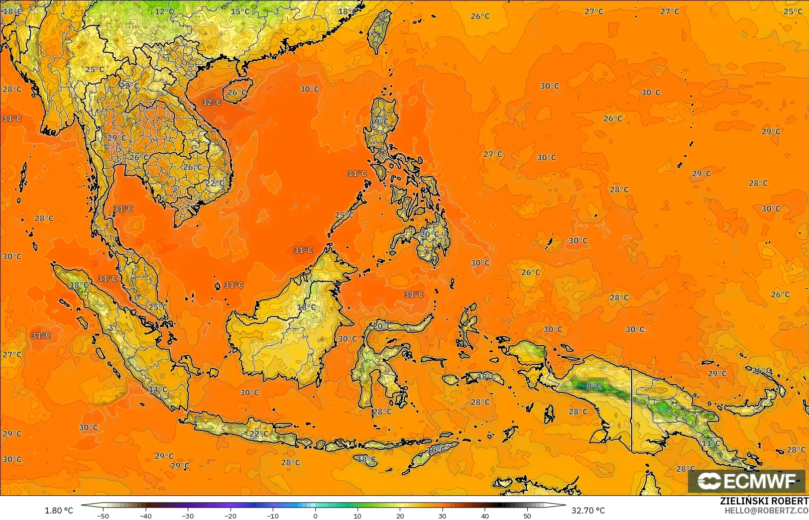 ECMWF IFS 0.25° modelo - South East Asia, Temperature at 2m