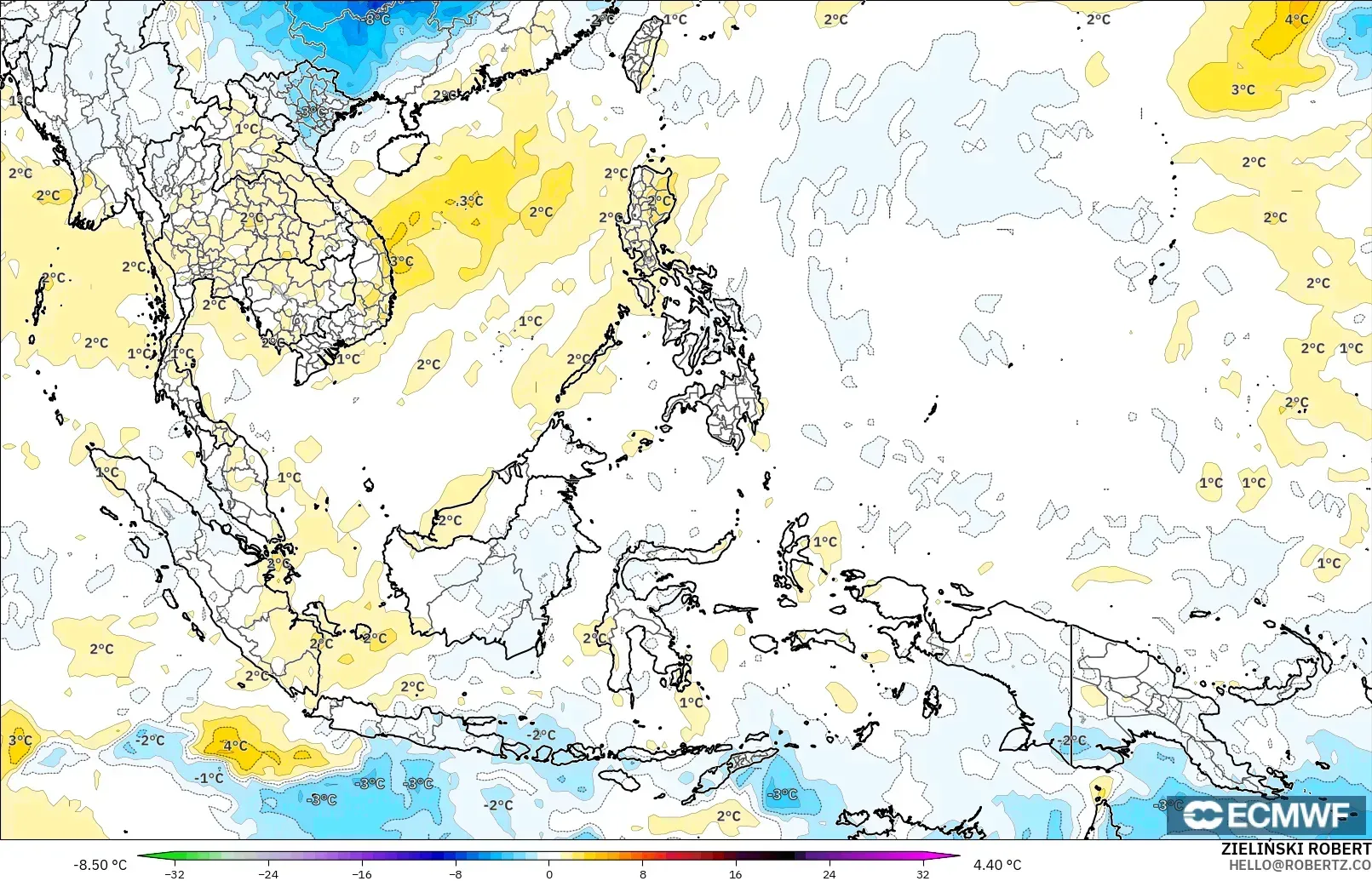 ECMWF IFS 0.25° model - Asia Tenggara, Anomali Suhu 850 hPa