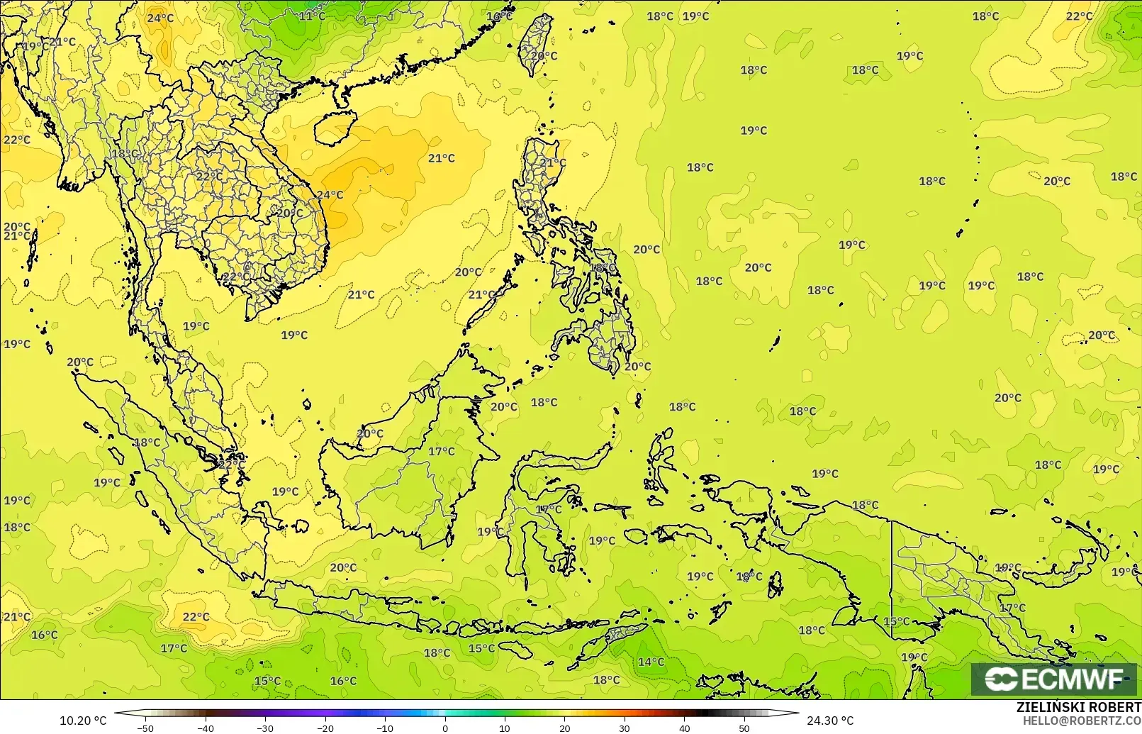 ECMWF IFS 0.25° modelo - South East Asia, Temperature at 850hPa
