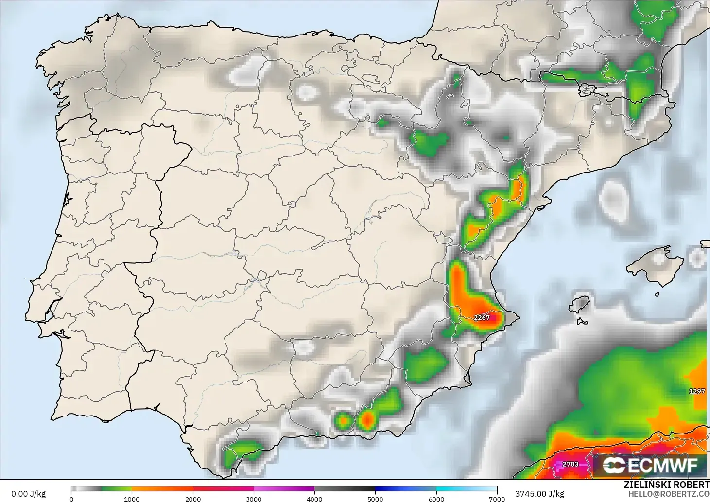 ECMWF IFS 0.25° modelo - Spain, CAPE
