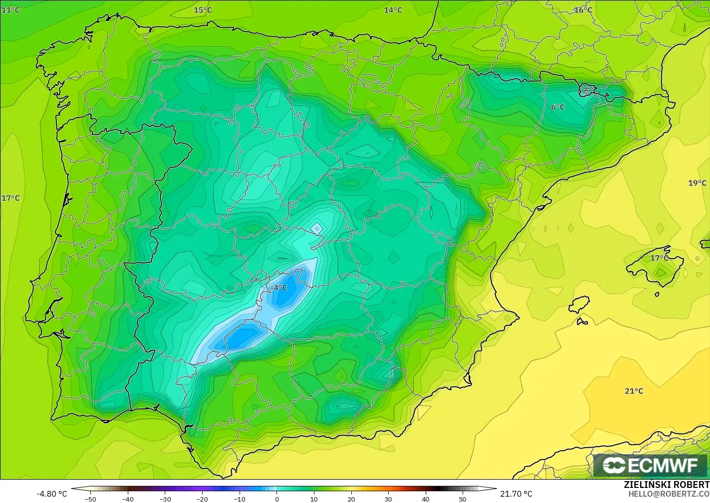 ECMWF IFS 0.25° modelo - Spain, Dewpoint at 2m
