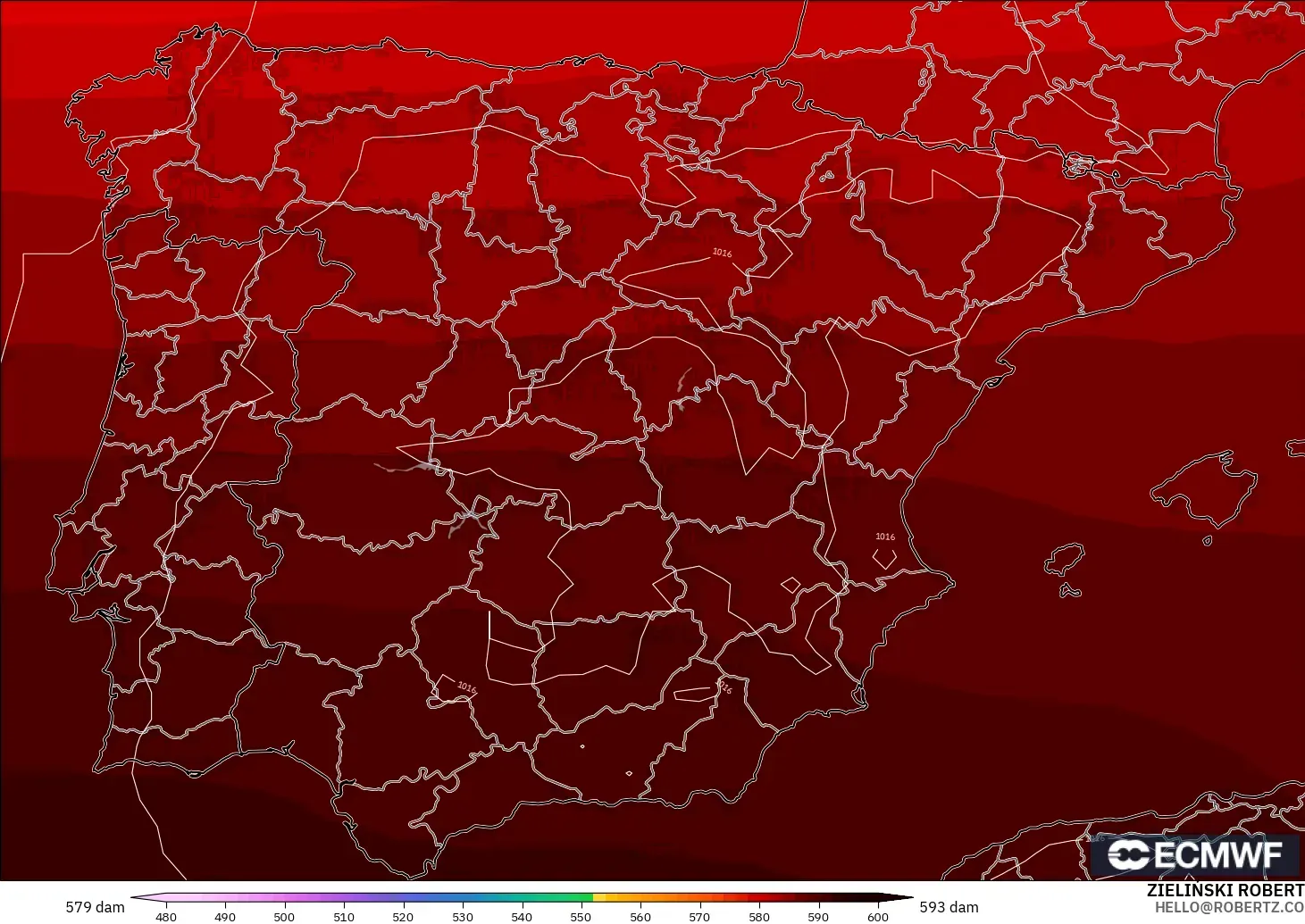 ECMWF IFS 0.25° modelo - Spain, Geopotential height at 500hPa
