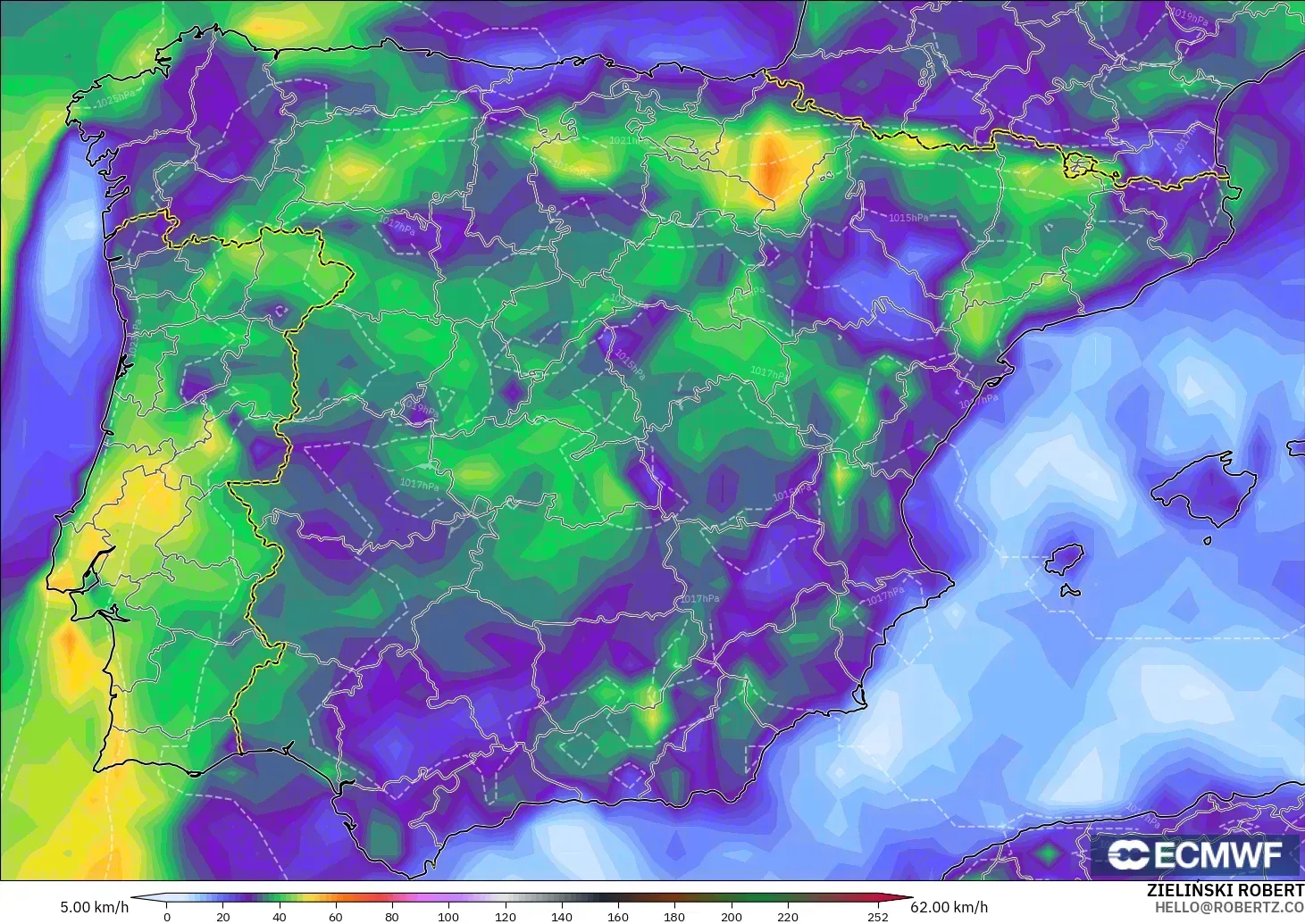 ECMWF IFS 0.25° modelo - Spain, Wind Gusts