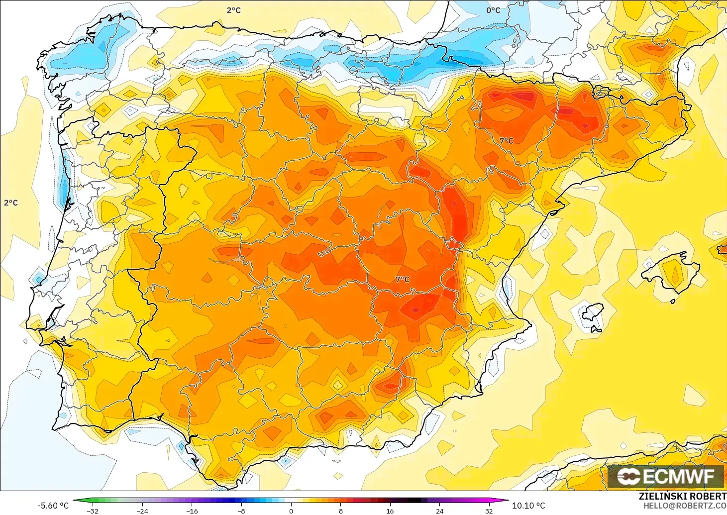 ECMWF IFS 0.25° modelo - Spain, Temperature at 2m Anomaly
