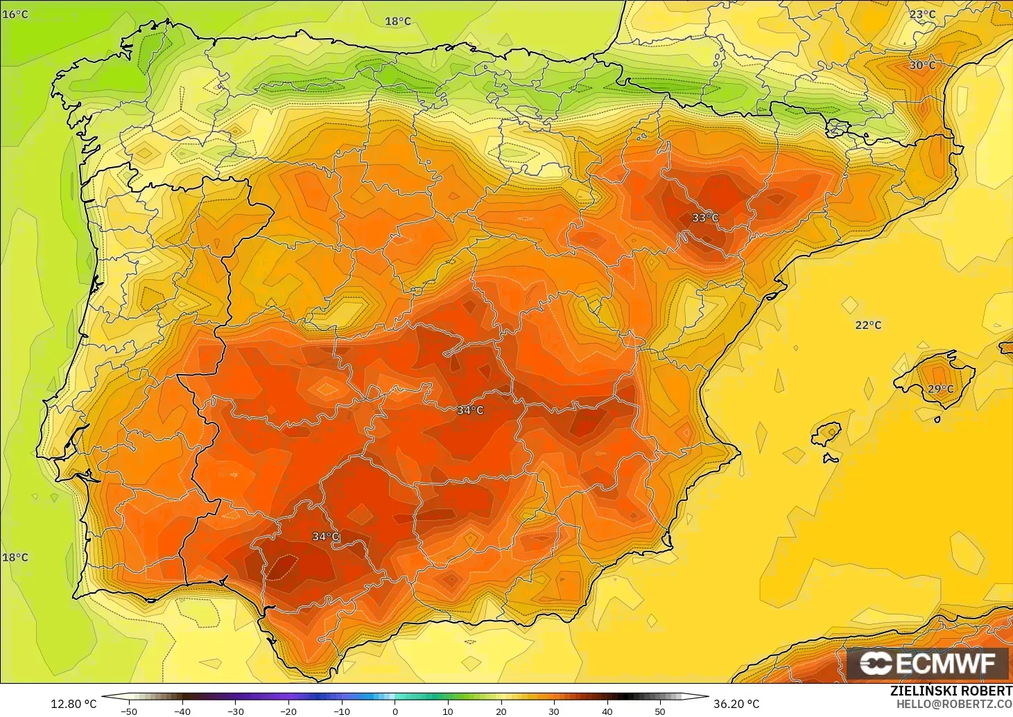 ECMWF IFS 0.25° modelo - Spain, Temperature at 2m