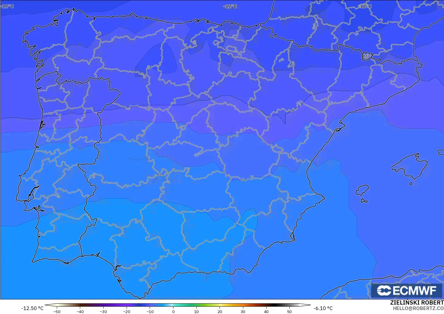 ECMWF IFS 0.25° modelo - Spain, Temperature at 500hPa