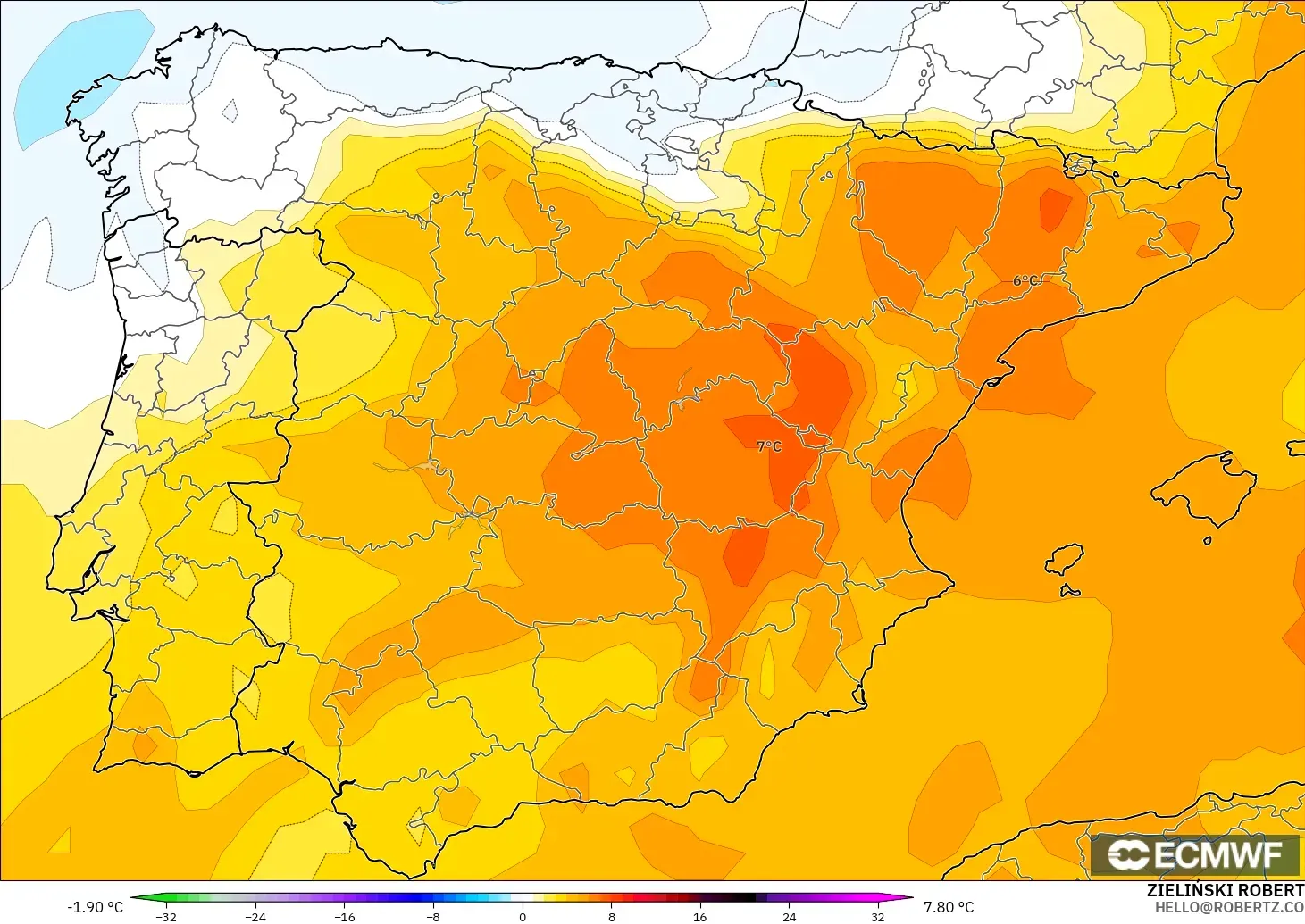 ECMWF IFS 0.25° modelo - Spain, Temperature at 850hPa Anomaly