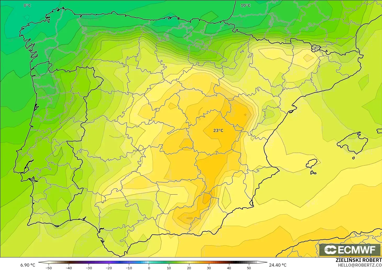 ECMWF IFS 0.25° modelo - Spain, Temperature at 850hPa