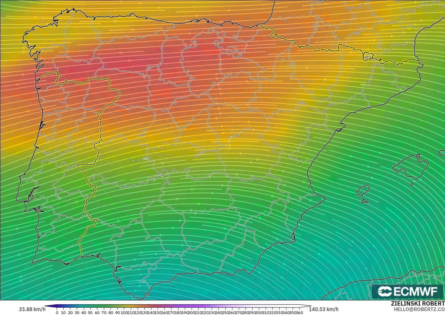 ECMWF IFS 0.25° modelo - Spain, Wind at 300hPa (jet stream)