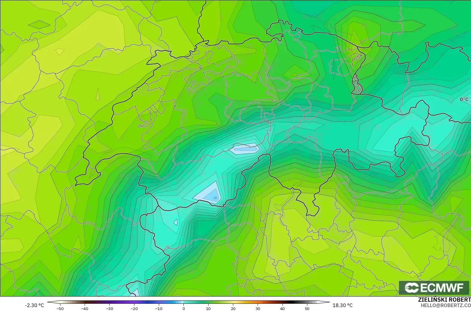 ECMWF IFS 0.25° modelo - Switzerland, Dewpoint at 2m