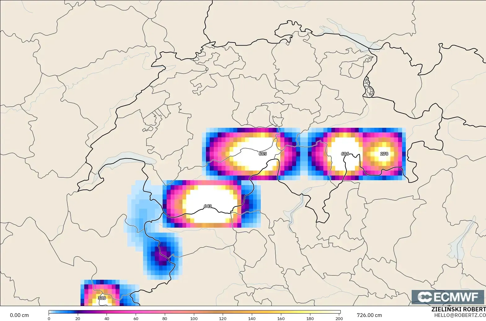 ECMWF IFS 0.25° modelo - Switzerland, Snow Depth