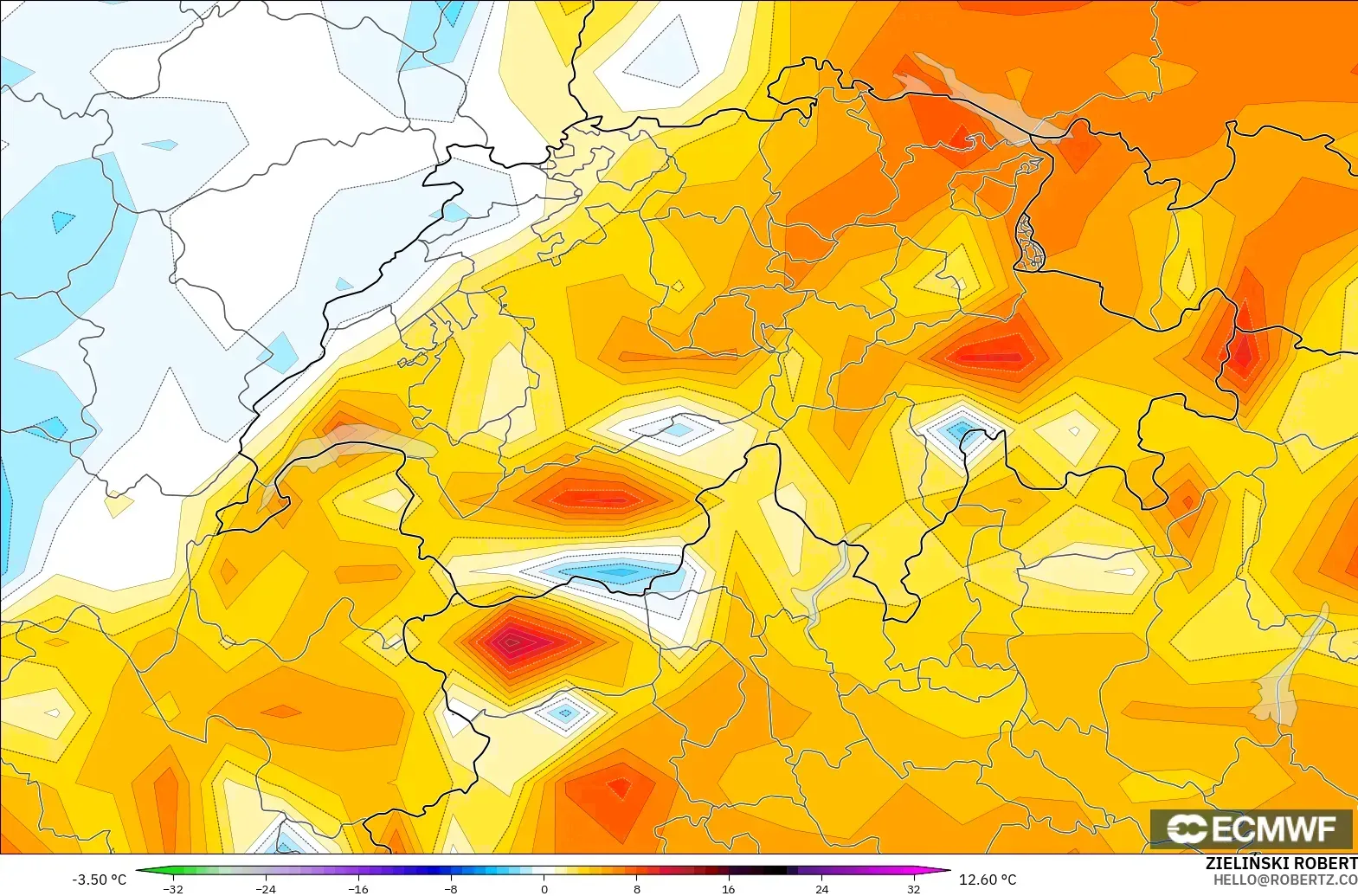 ECMWF IFS 0.25° model - Swiss, Anomali Suhu 2 m