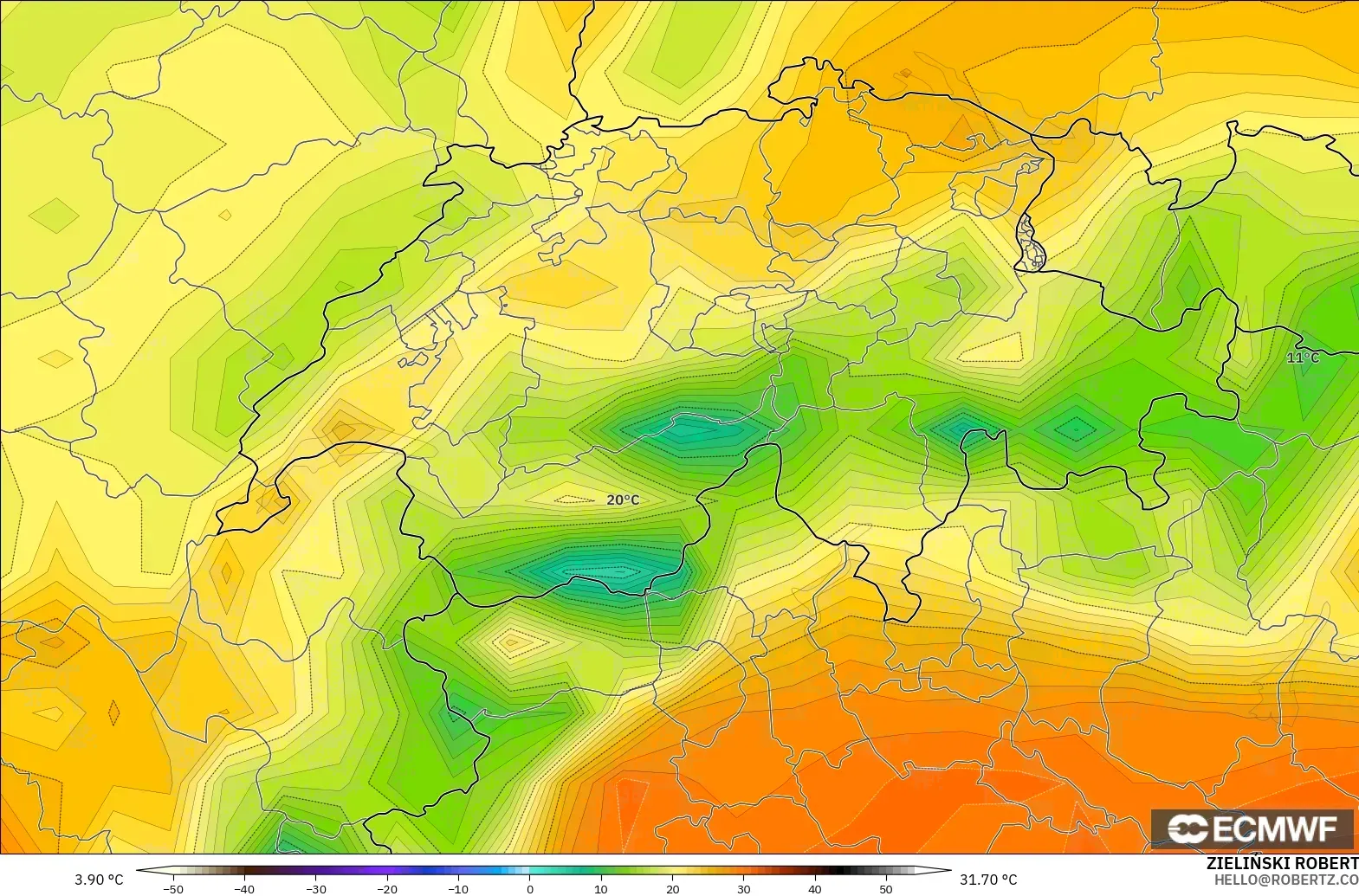 ECMWF IFS 0.25° modelo - Switzerland, Temperature at 2m