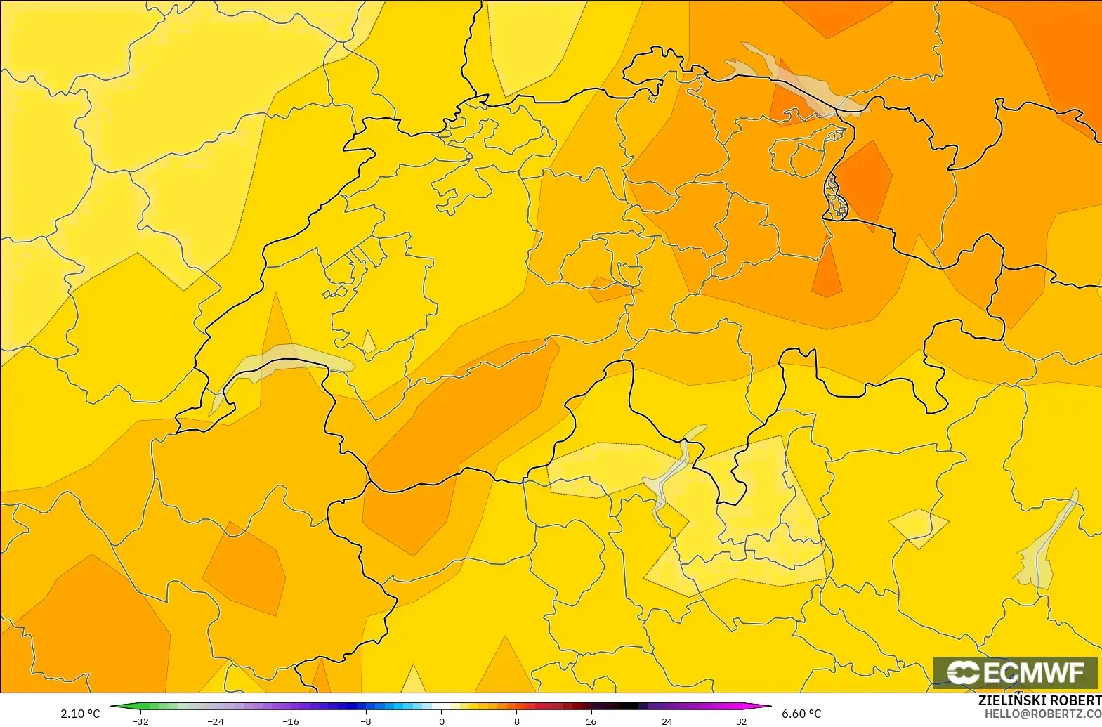 ECMWF IFS 0.25° model - Swiss, Anomali Suhu 850 hPa