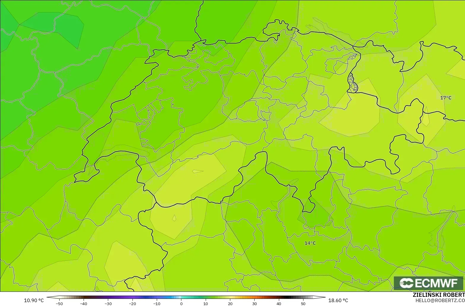 ECMWF IFS 0.25° model - Swiss, Suhu 850 hPa