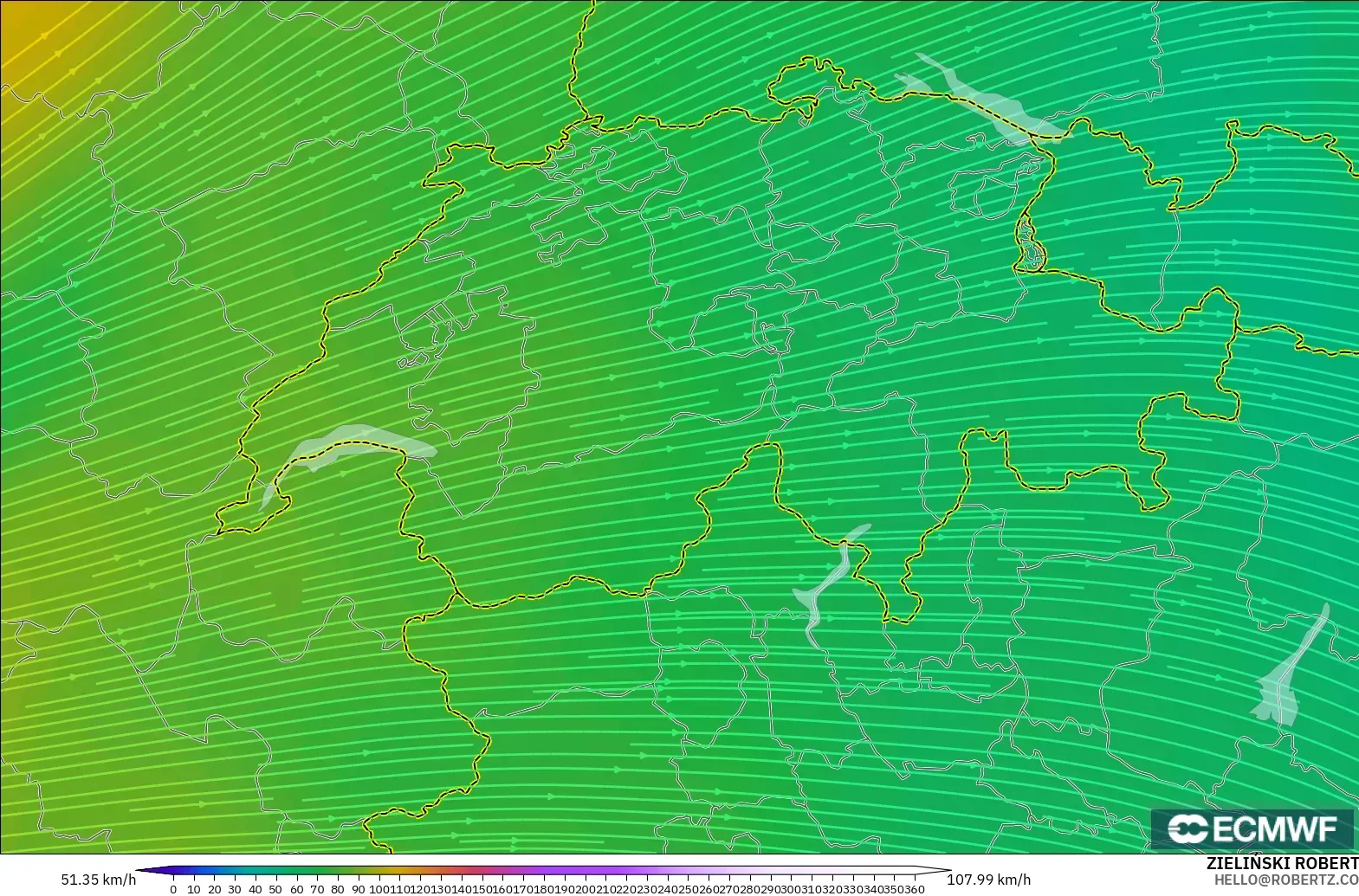 ECMWF IFS 0.25° model - Swiss, Angin 300 hPa (aliran jet)