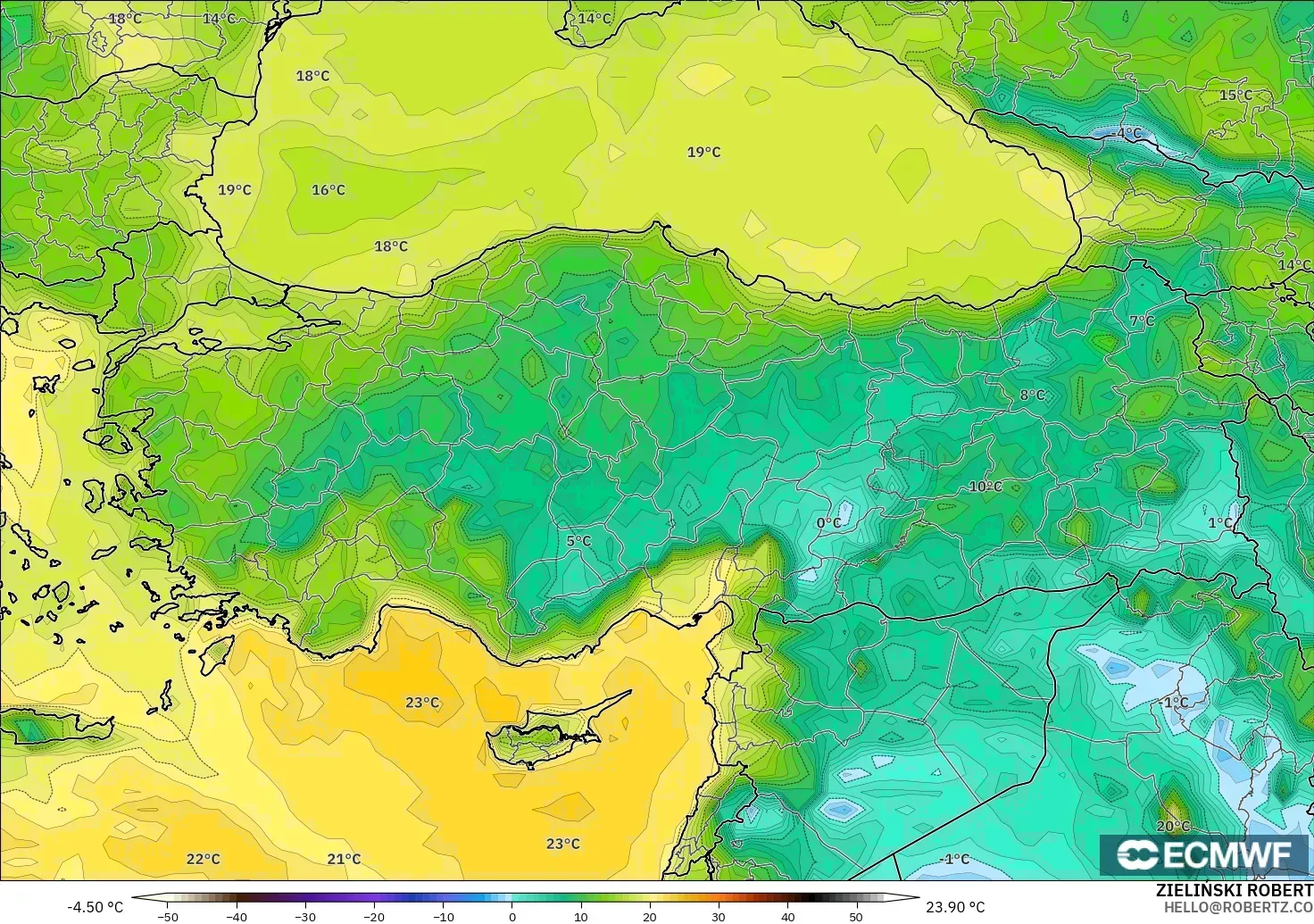ECMWF IFS 0.25° model - Turki, Titik Embun 2 m