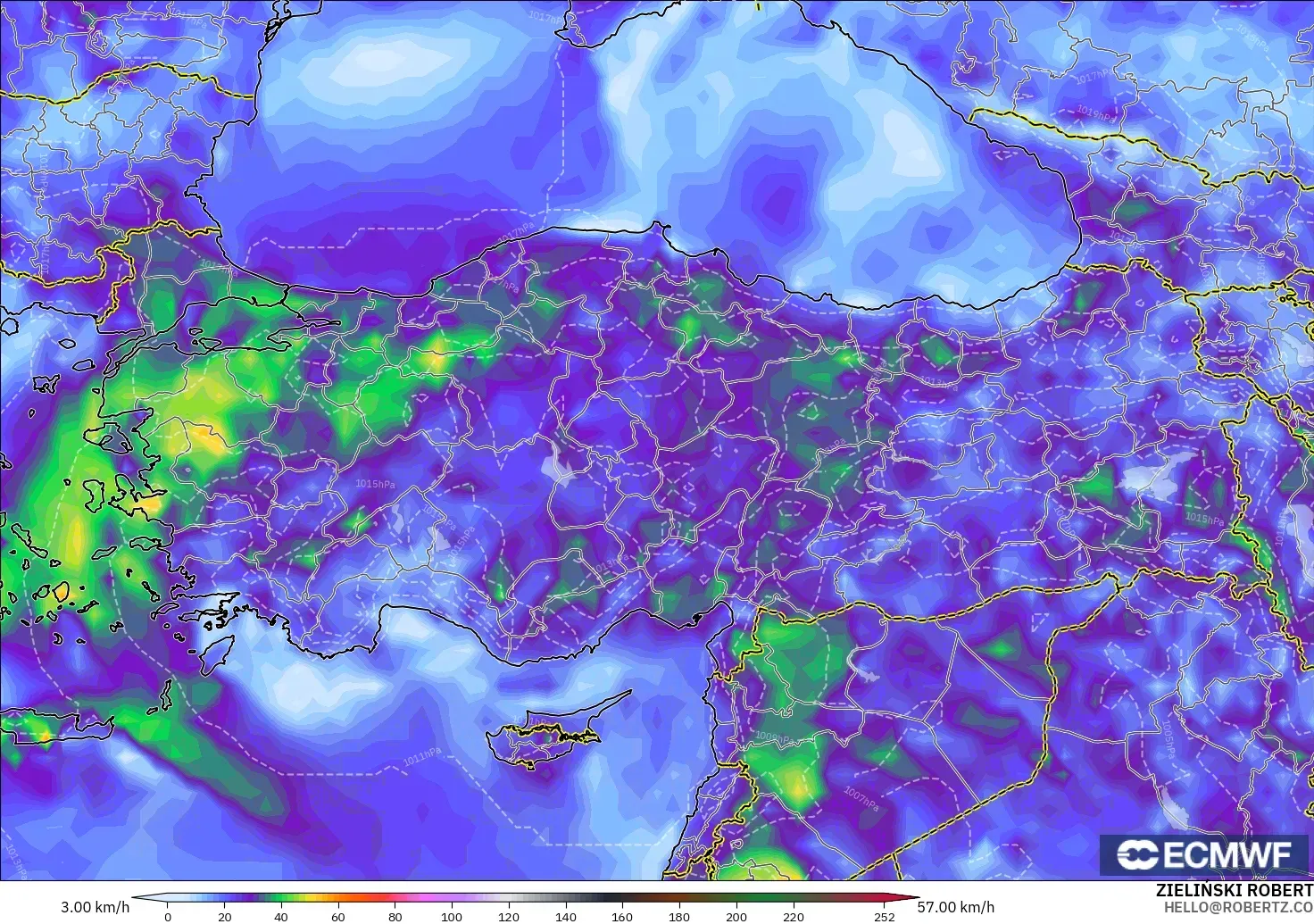 ECMWF IFS 0.25° model - Turki, Puncak Hembusan