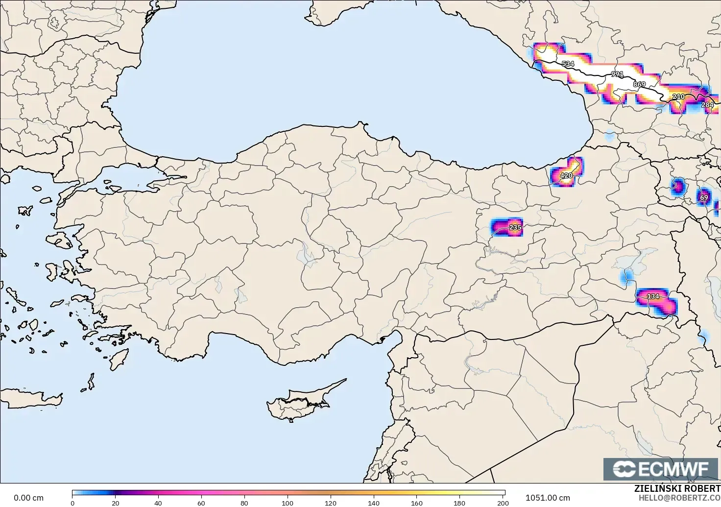 ECMWF IFS 0.25° model - Turki, Kedalaman Salju