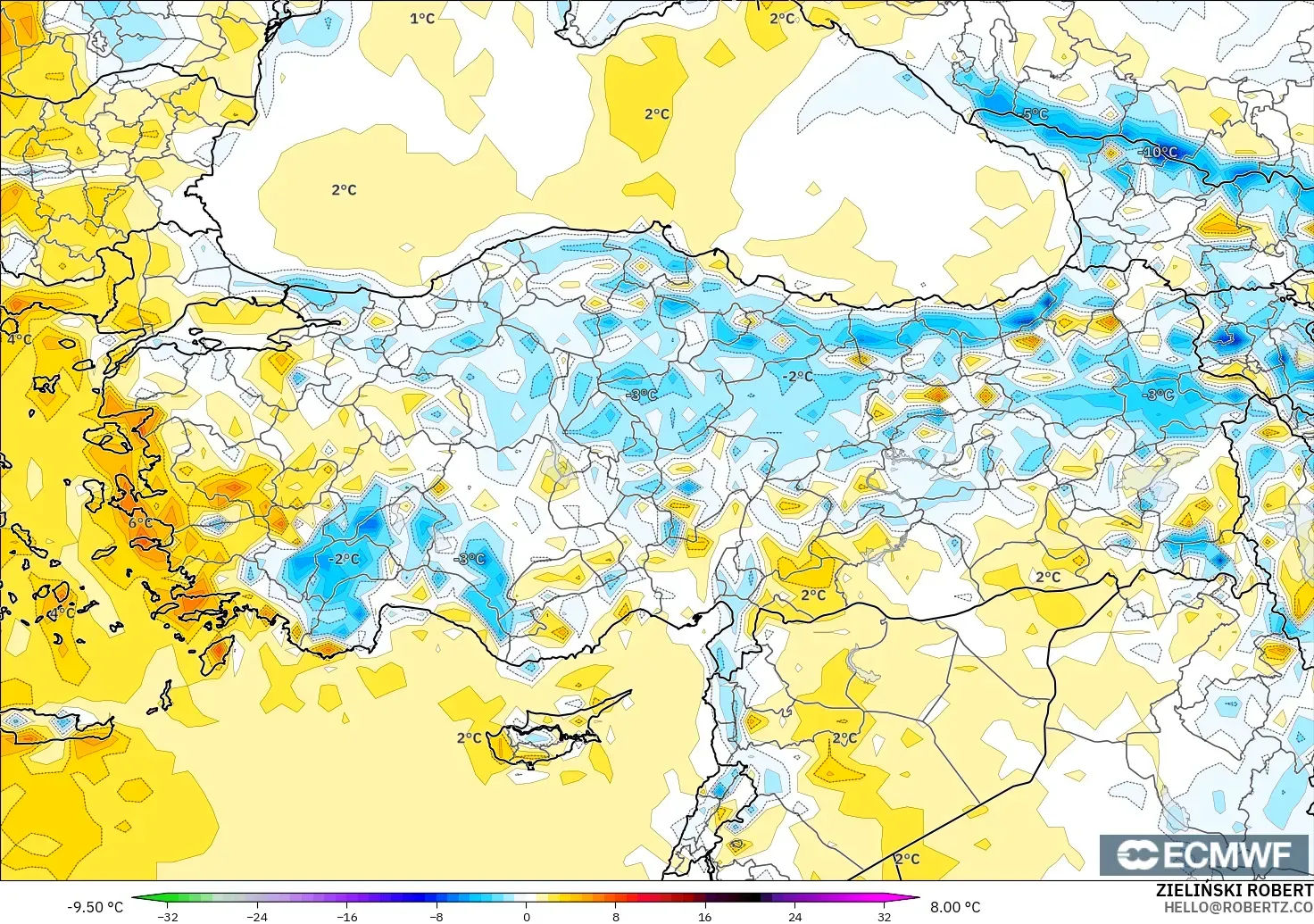 ECMWF IFS 0.25° model - Turki, Anomali Suhu 2 m