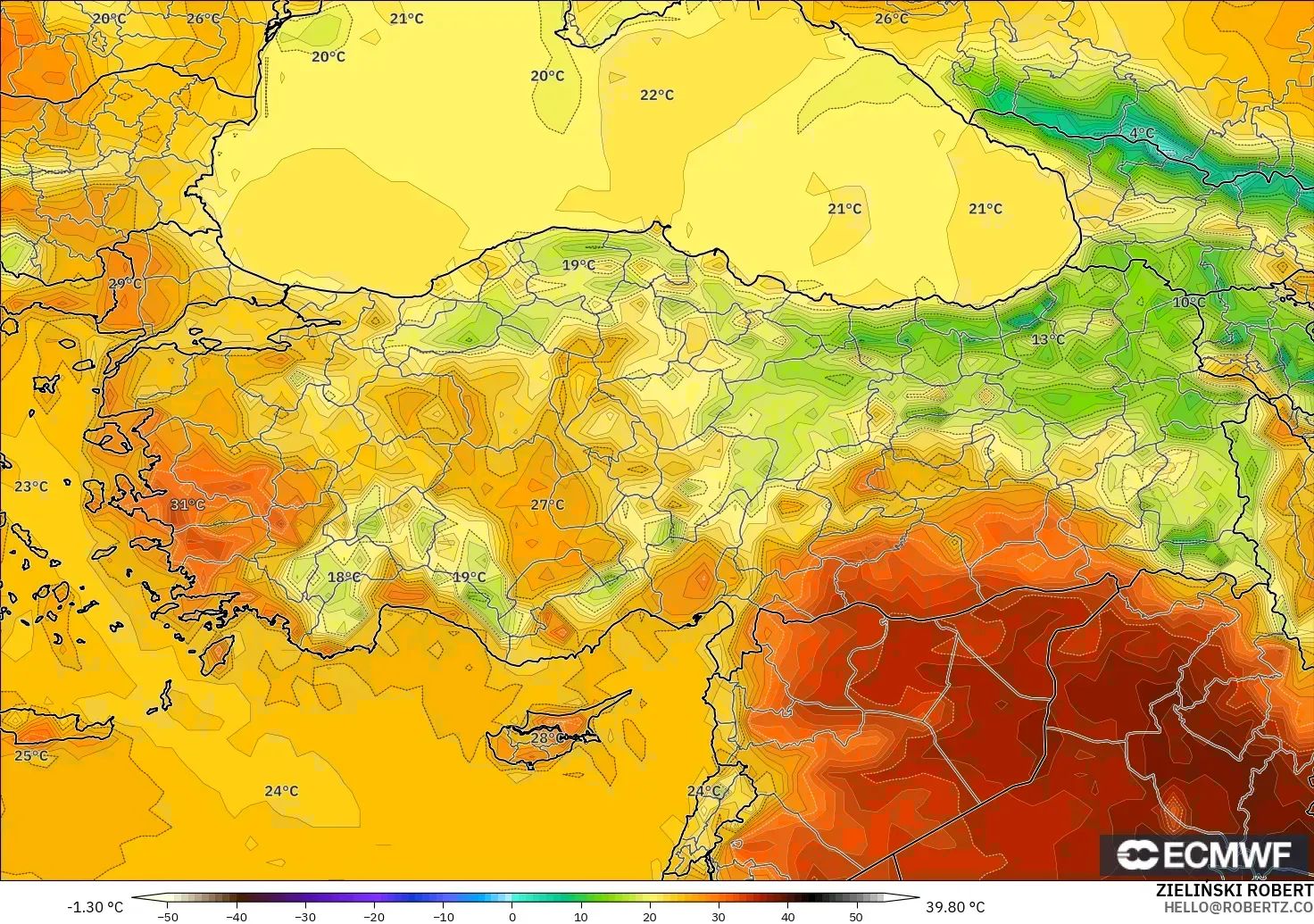 ECMWF IFS 0.25° model - Turki, Suhu 2 m