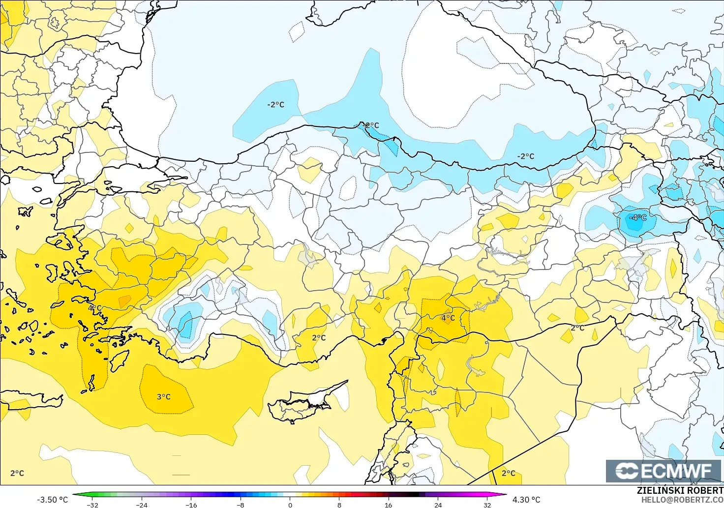 ECMWF IFS 0.25° model - Turki, Anomali Suhu 850 hPa