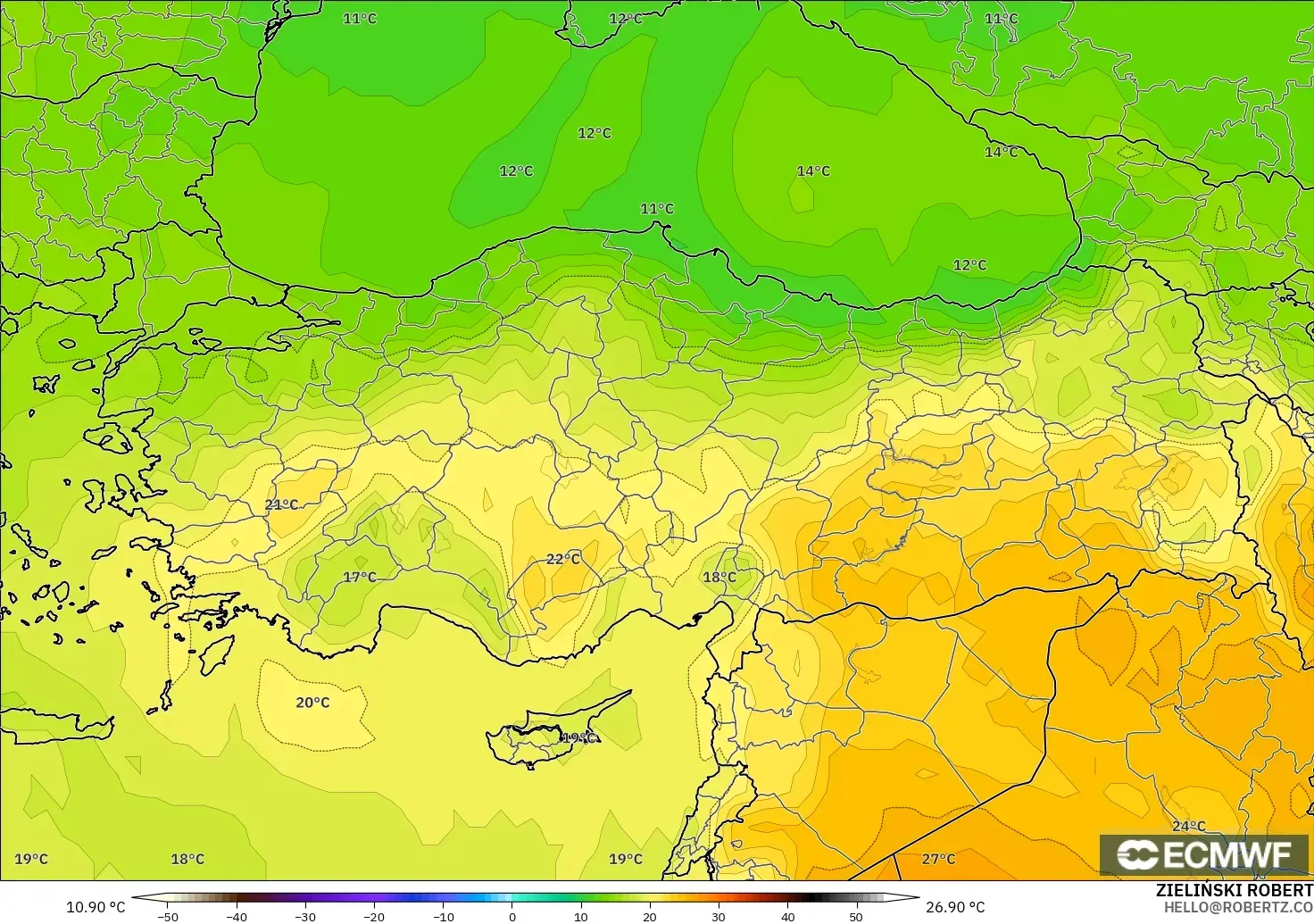 ECMWF IFS 0.25° model - Turki, Suhu 850 hPa