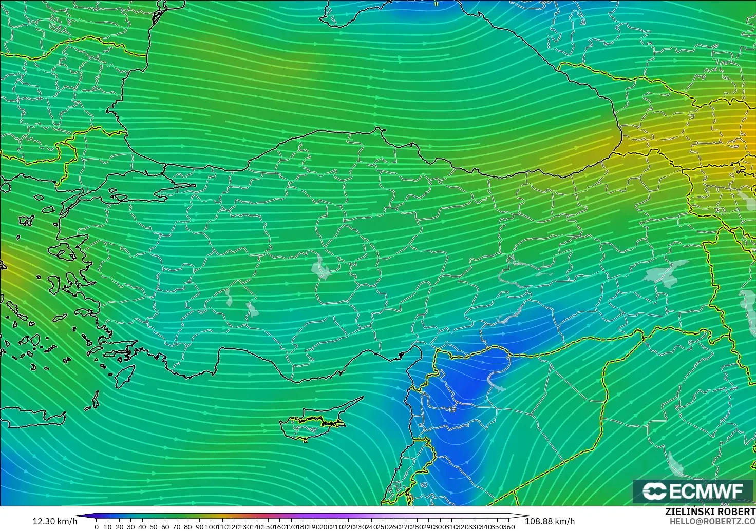 ECMWF IFS 0.25° model - Turki, Angin 300 hPa (aliran jet)