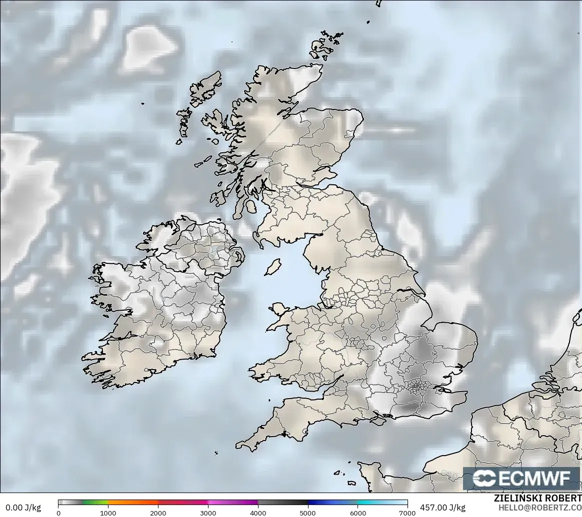 ECMWF IFS 0.25° modelo - United Kingdom, CAPE
