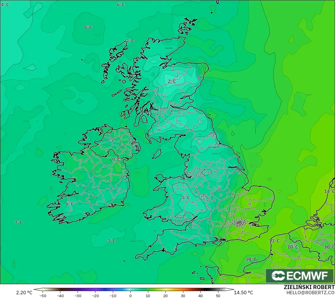ECMWF IFS 0.25° modelo - United Kingdom, Dewpoint at 2m