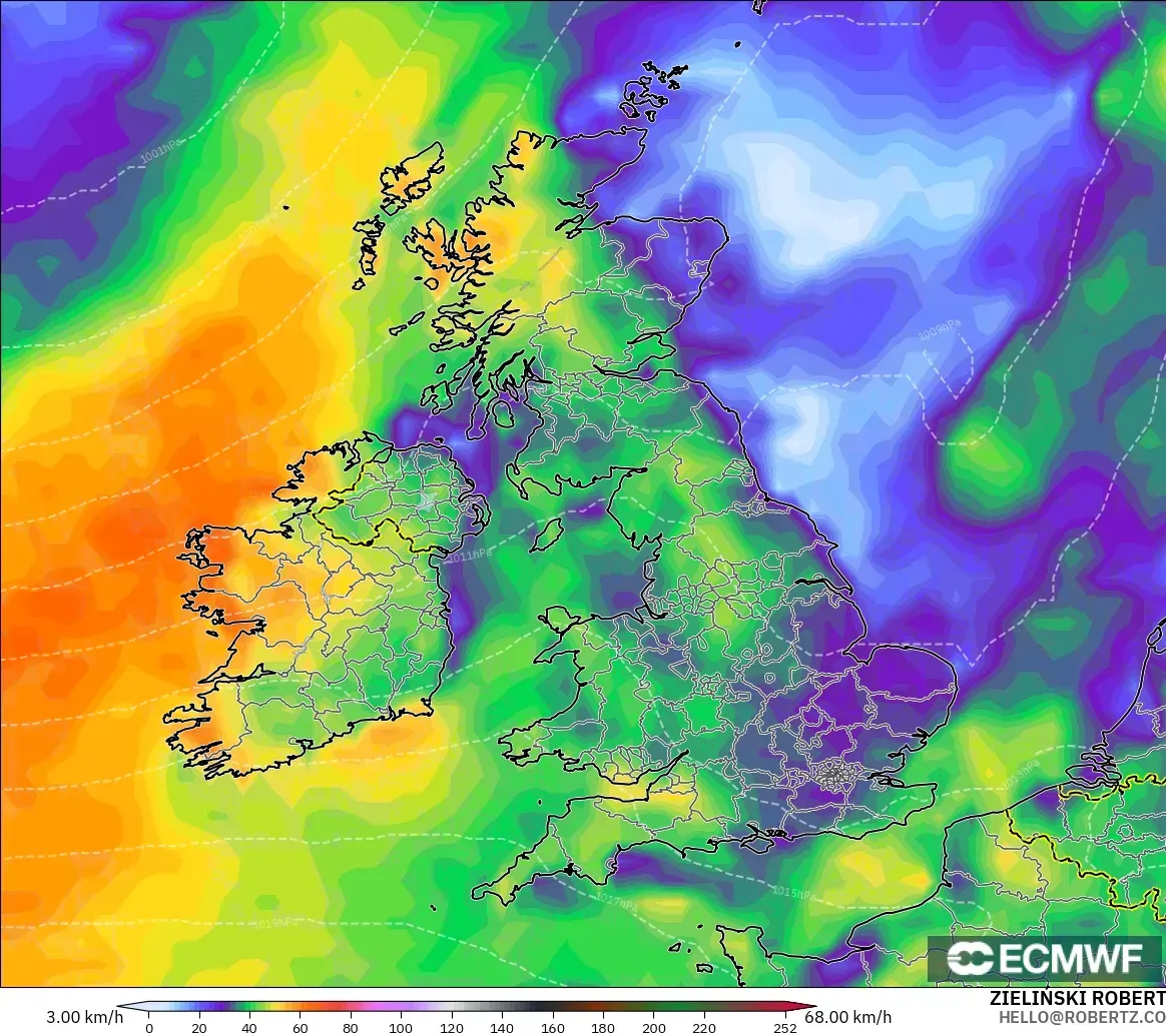 ECMWF IFS 0.25° modelo - United Kingdom, Wind Gusts Peak