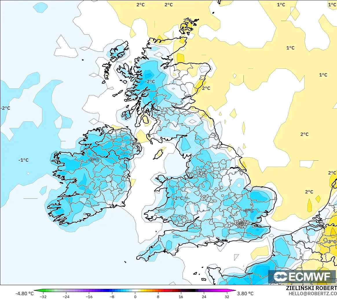 ECMWF IFS 0.25° modelo - United Kingdom, Temperature at 2m Anomaly