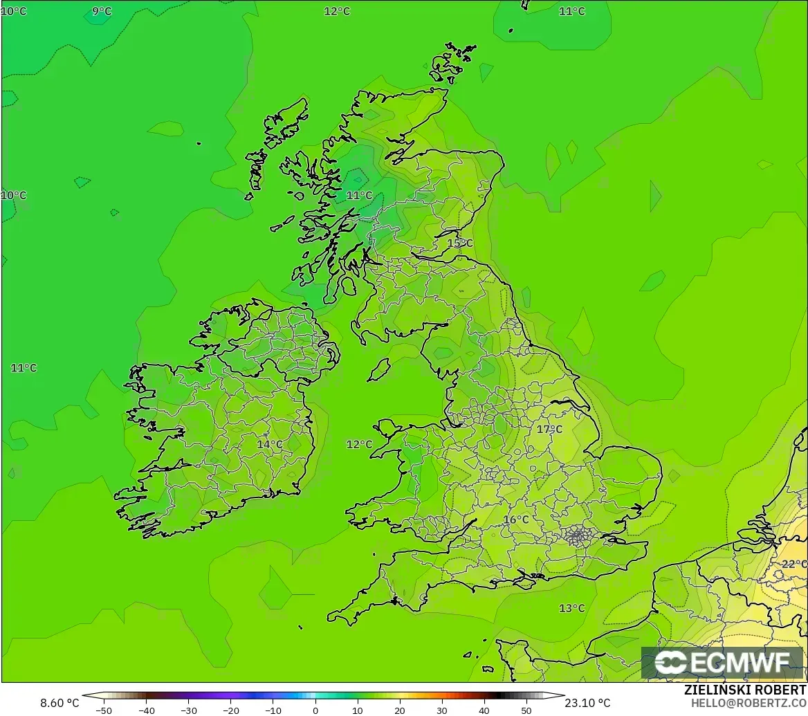 ECMWF IFS 0.25° modelo - United Kingdom, Temperature at 2m