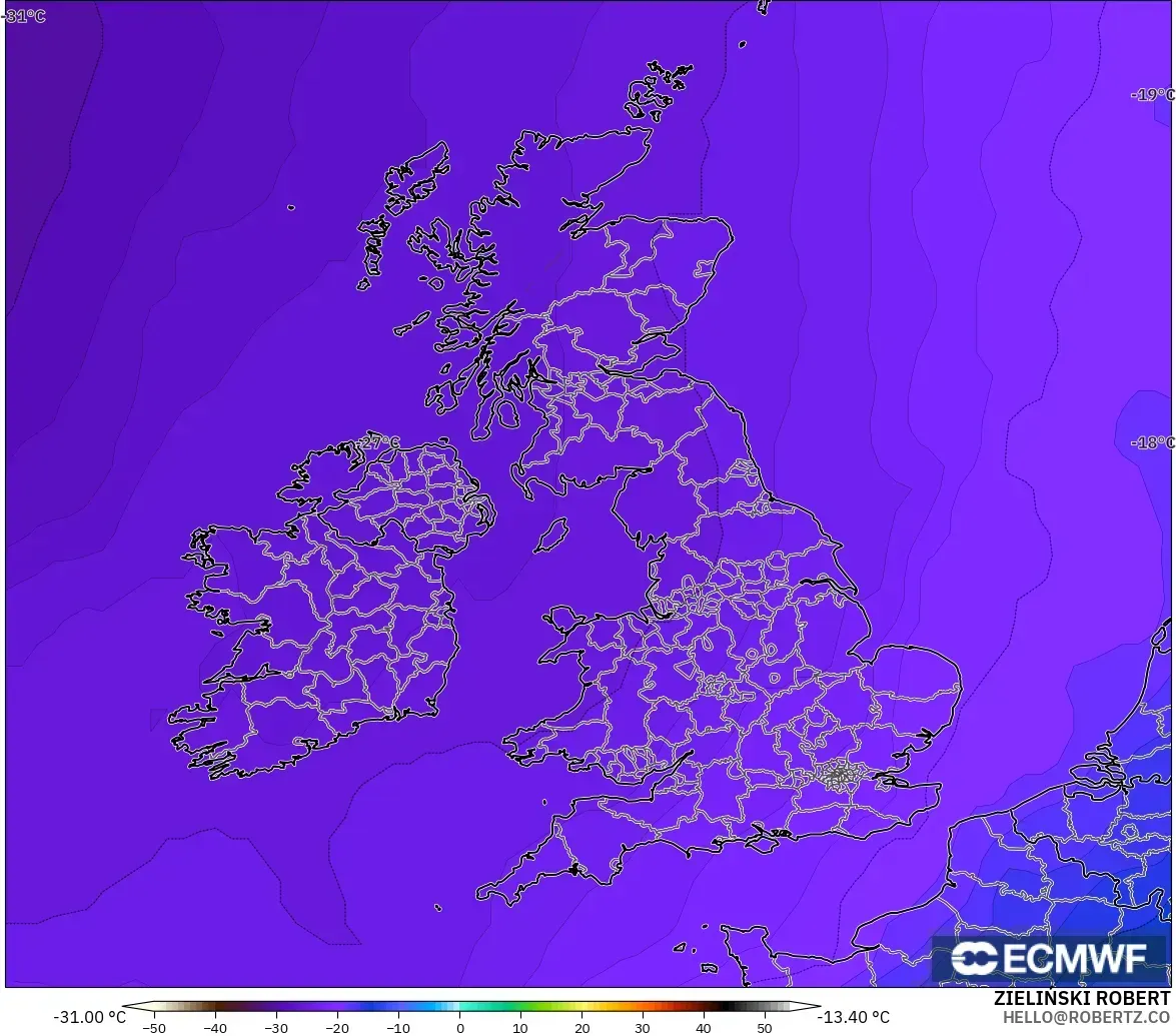 ECMWF IFS 0.25° modelo - United Kingdom, Temperature at 500hPa