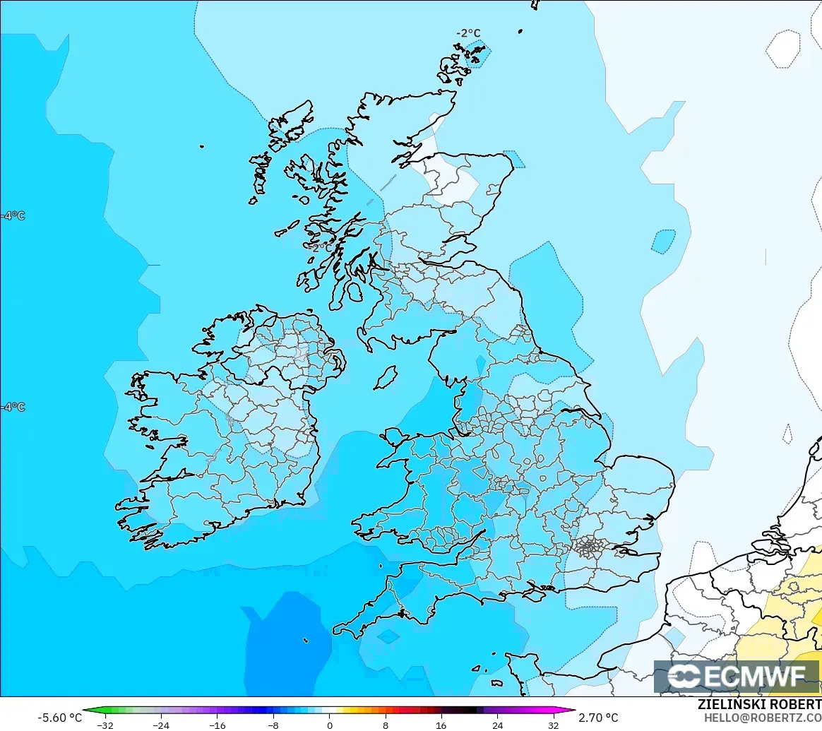 ECMWF IFS 0.25° modelo - United Kingdom, Temperature at 850hPa Anomaly