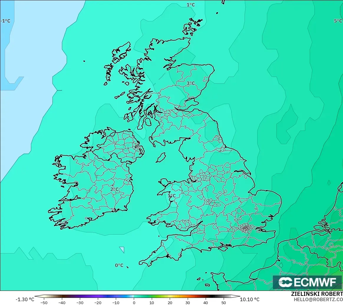 ECMWF IFS 0.25° modelo - United Kingdom, Temperature at 850hPa