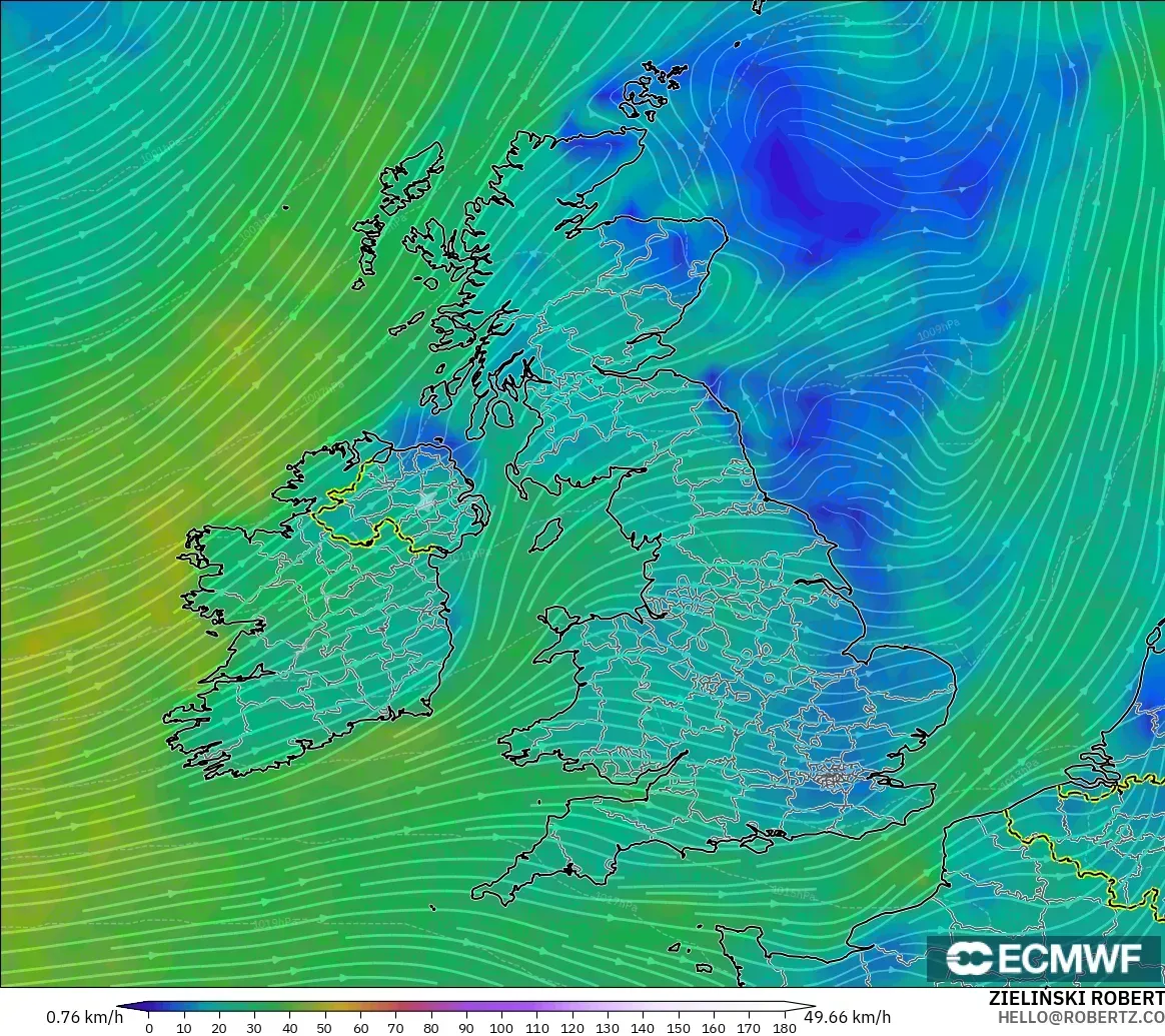 ECMWF IFS 0.25° modelo - United Kingdom, Wind at 10m