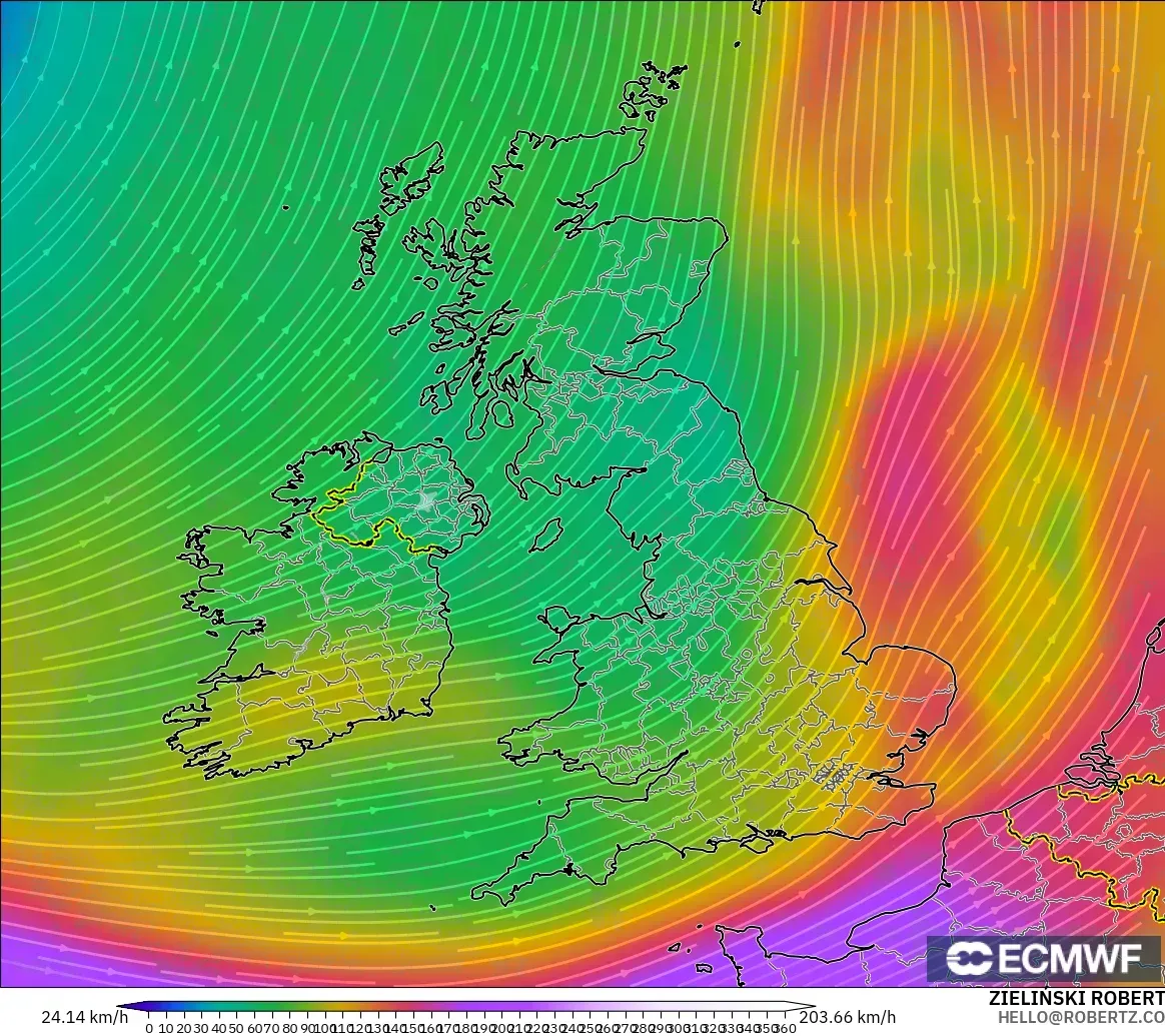 ECMWF IFS 0.25° modelo - United Kingdom, Wind at 300hPa (jet stream)