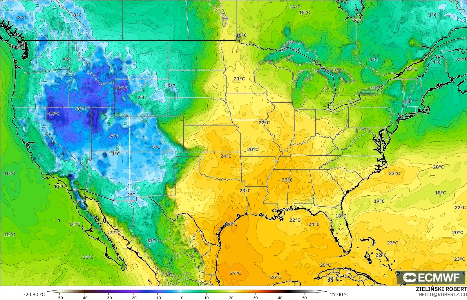 ECMWF IFS 0.25° modelo - United States, Dewpoint at 2m