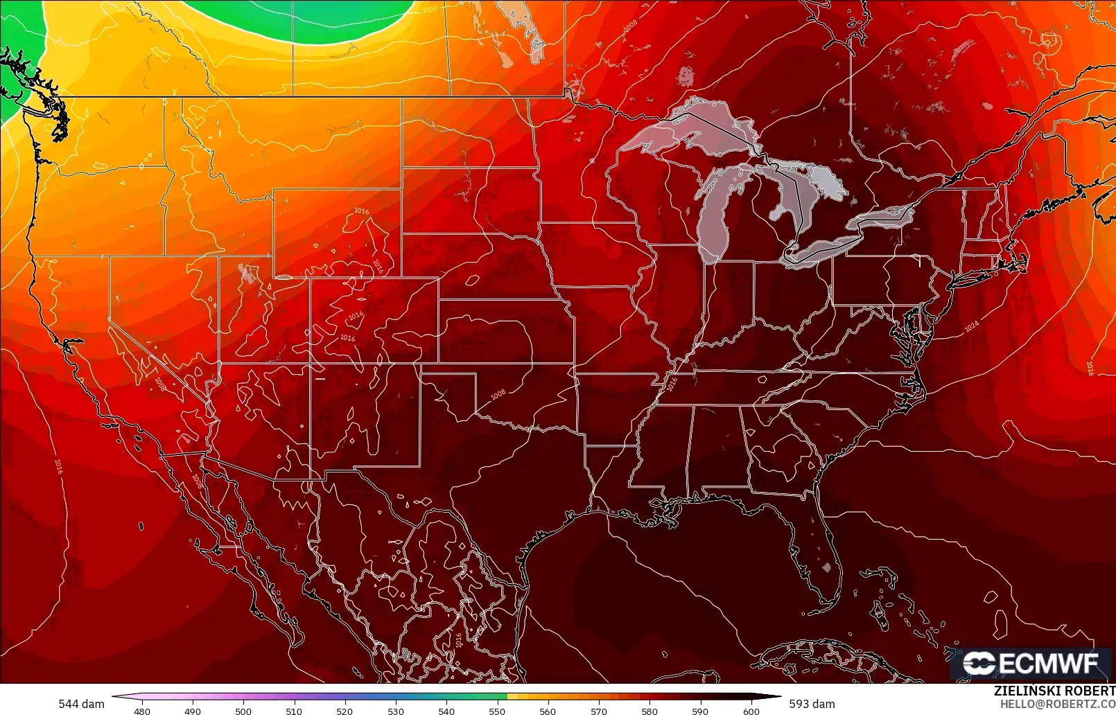 ECMWF IFS 0.25° model - Amerika Serikat, Ketinggian geopotensial pada 500 hPa
