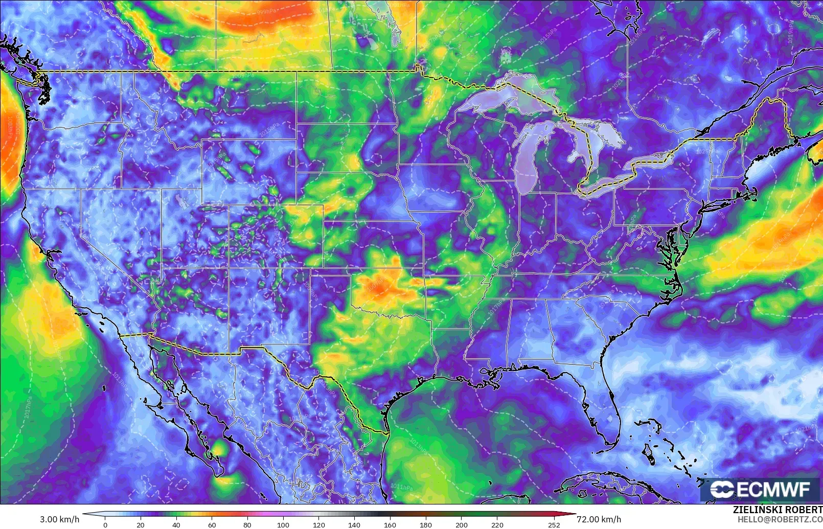 ECMWF IFS 0.25° modelo - United States, Wind Gusts