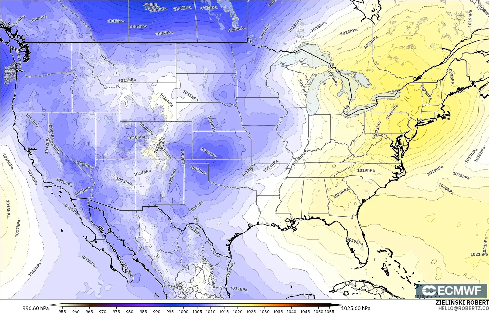 ECMWF IFS 0.25° model - Amerika Serikat, Tekanan