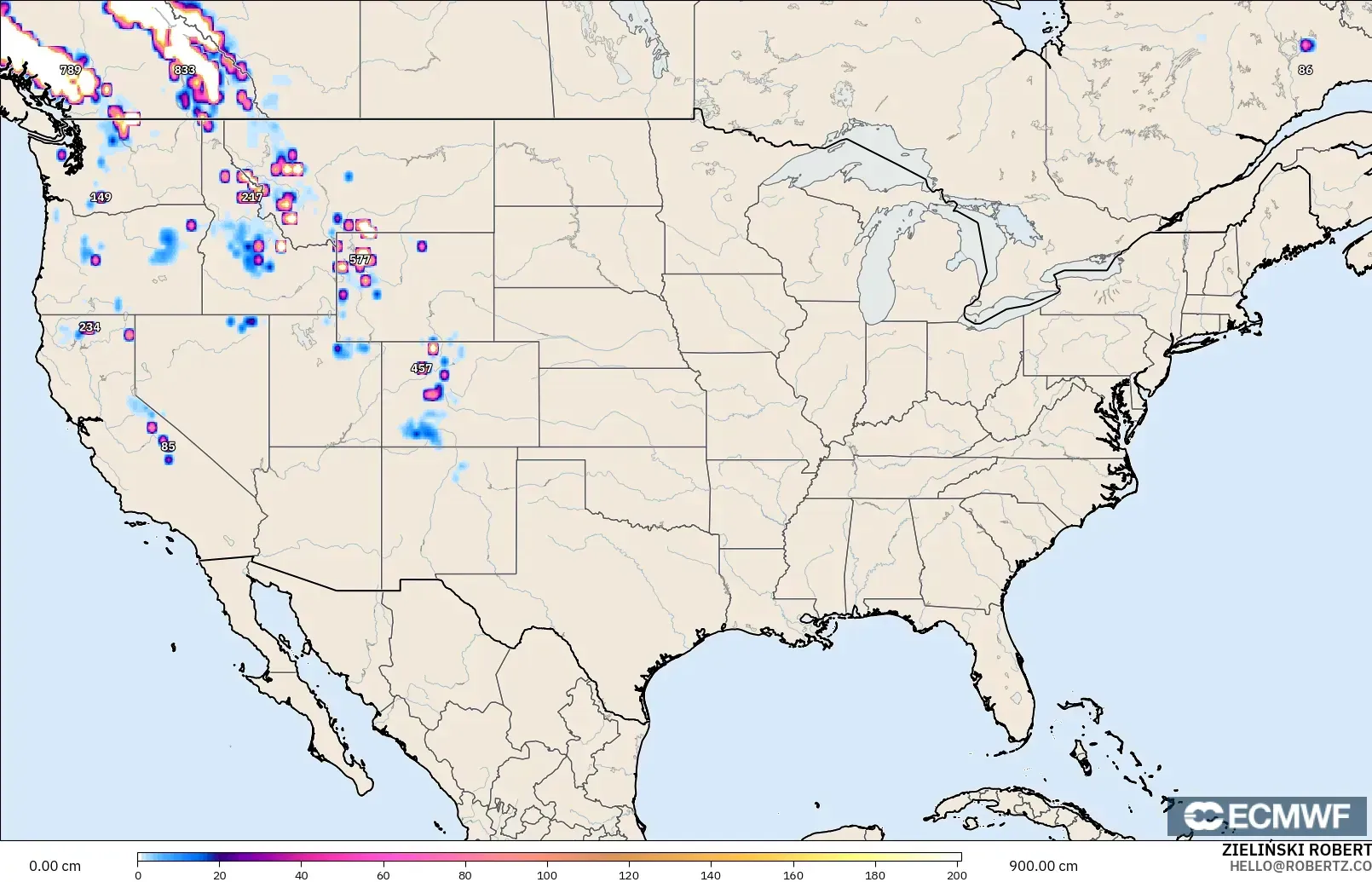 ECMWF IFS 0.25° modelo - United States, Snow Depth