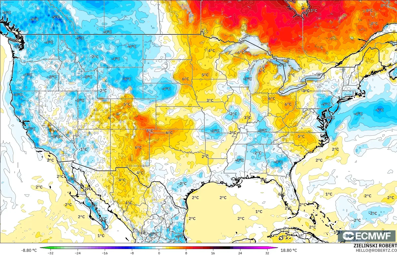 ECMWF IFS 0.25° model - Amerika Serikat, Anomali Suhu 2 m