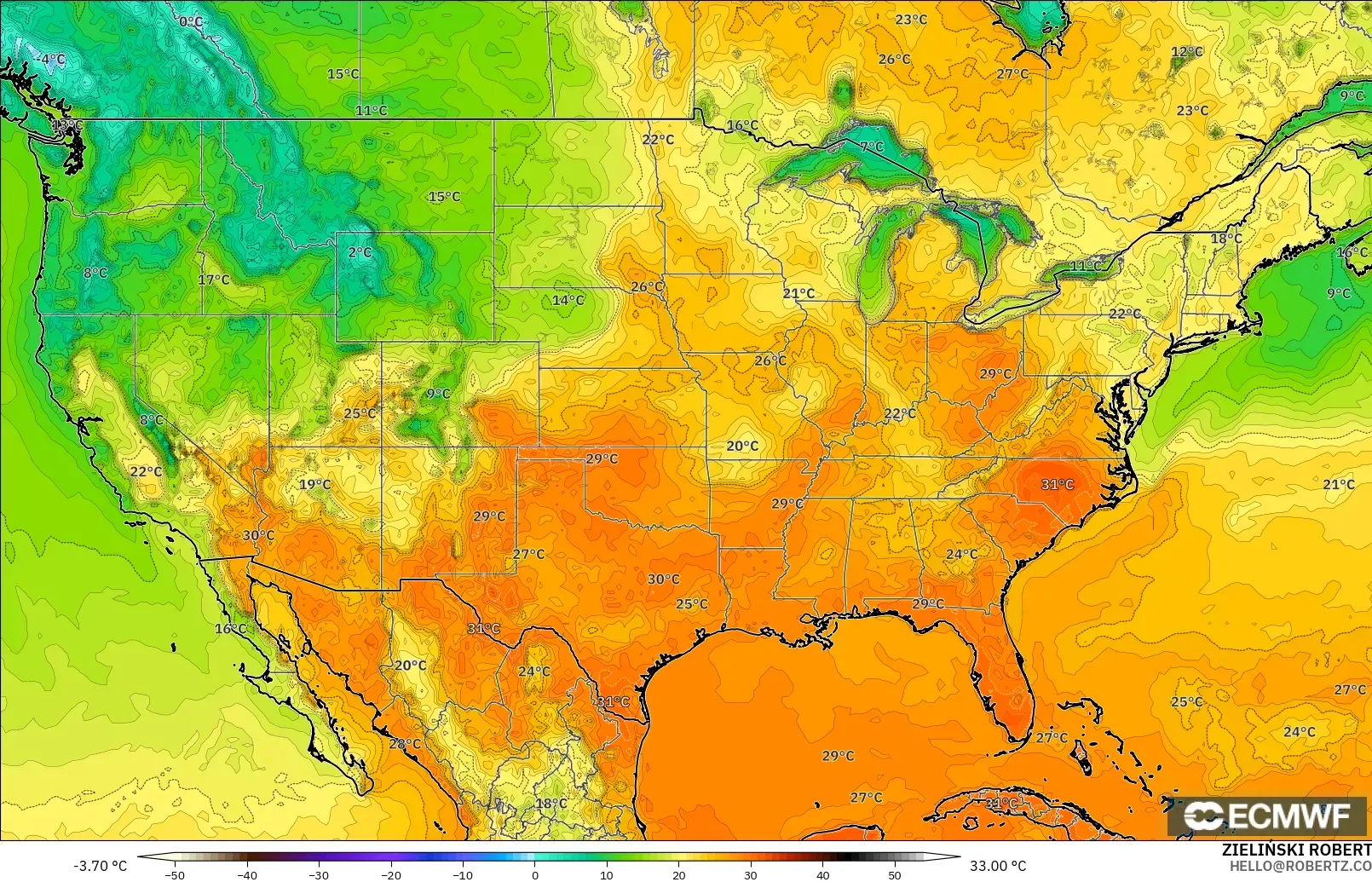 ECMWF IFS 0.25° modelo - United States, Temperature at 2m
