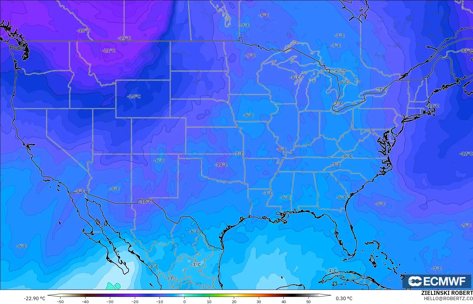 ECMWF IFS 0.25° model - Amerika Serikat, Suhu 500 hPa