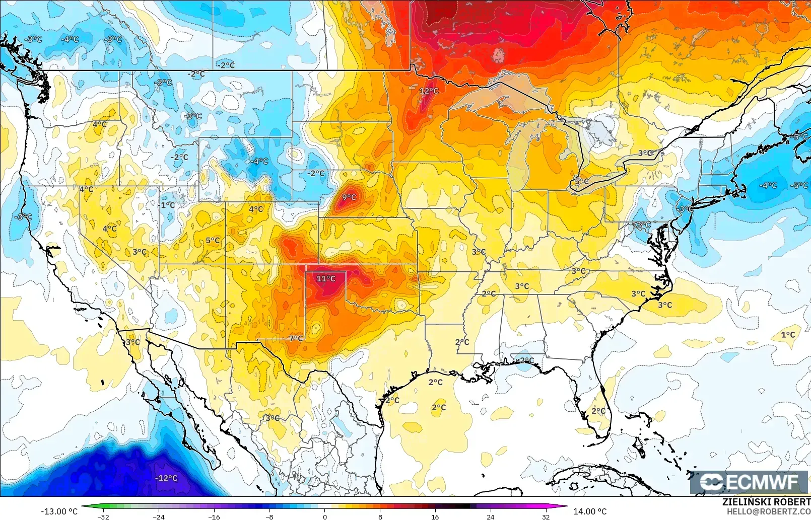 ECMWF IFS 0.25° modelo - United States, Temperature at 850hPa Anomaly